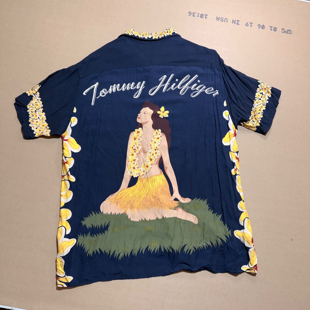 Vintage 2000 Tommy Hilfiger Hawaiian Shirt M Blue Excellent Hula Girl Rayon